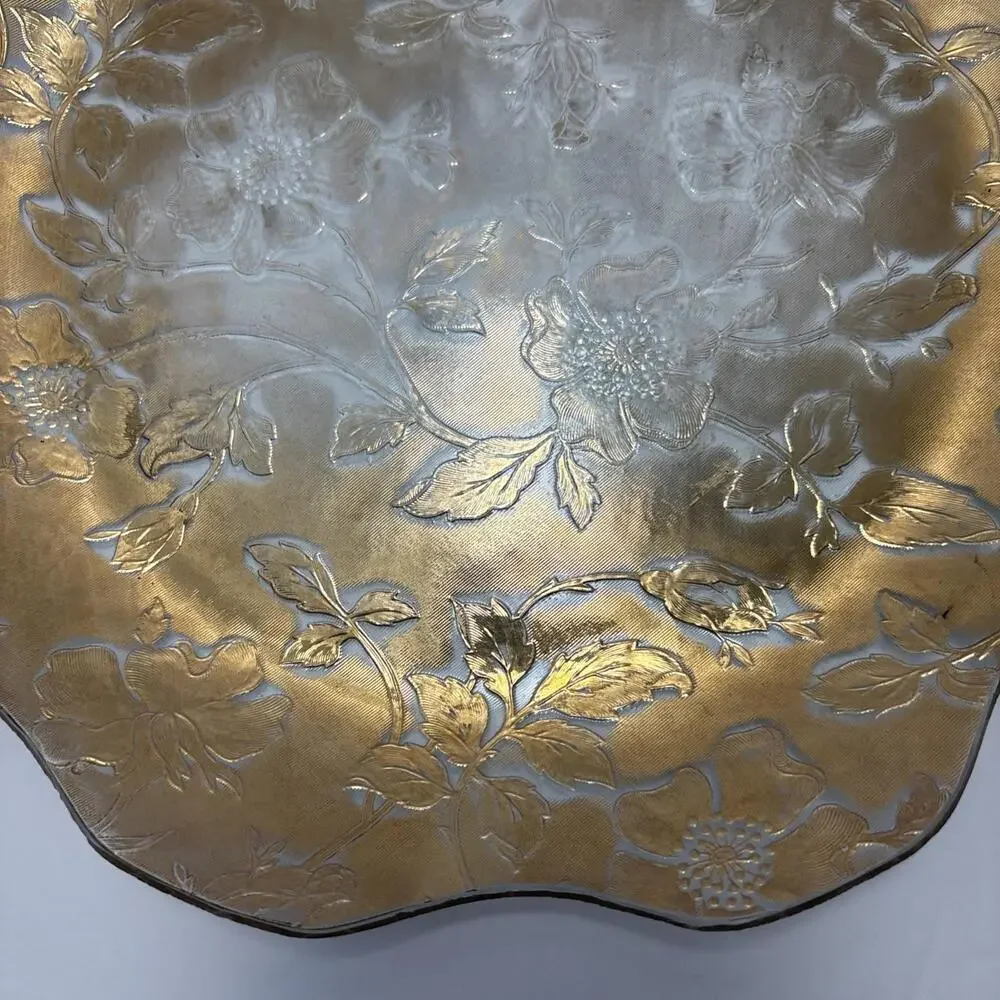 Vintage Etched Glass Plate 11” Gold Floral Scalloped Edge Mid-Century